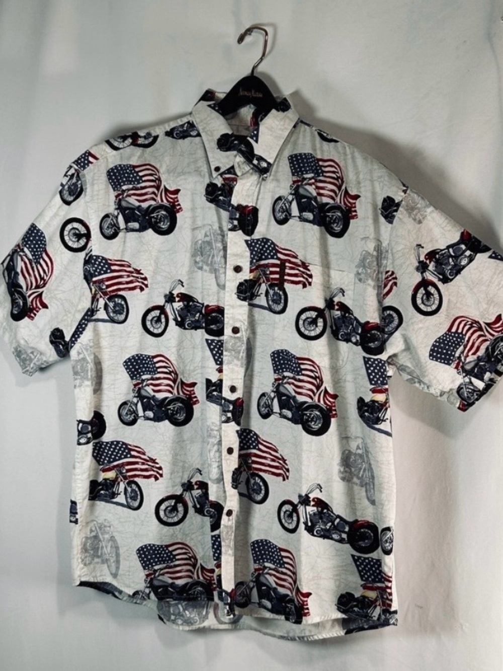 Magellan Sportswear Mens XL Cotton Motorcycle American Flag Button Down Shirt